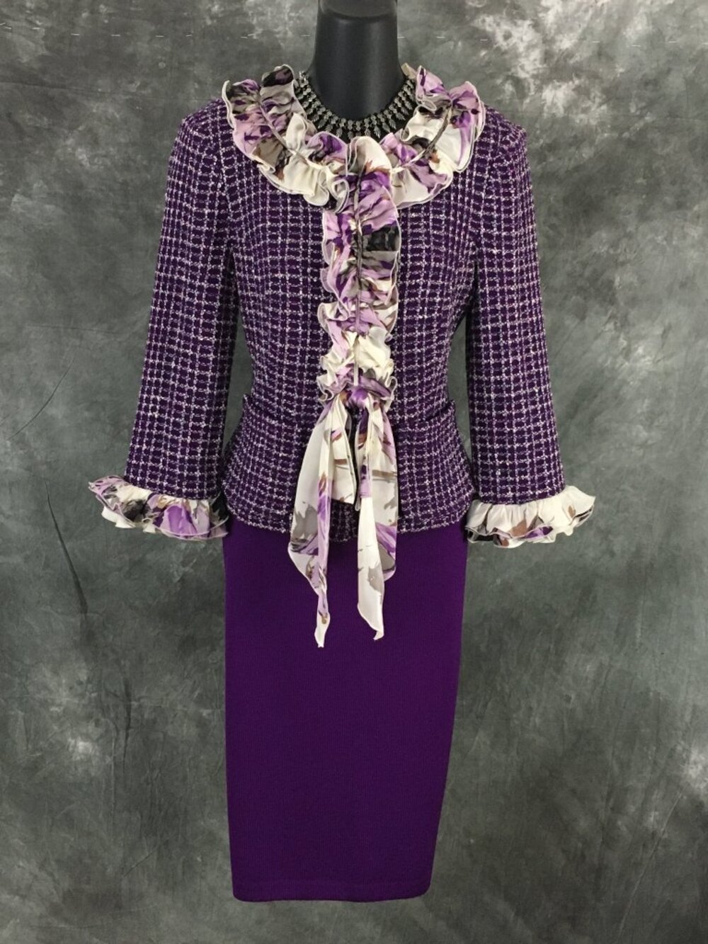 BEAUTIFUL St John knit Purple multi jacket skirt suit size M 6
